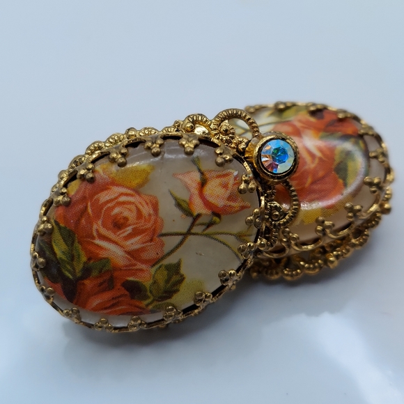Vintage  W. Germany Handpaint Floral ClipOn Earrings w/ Rhinestone, GC. - Picture 4 of 16